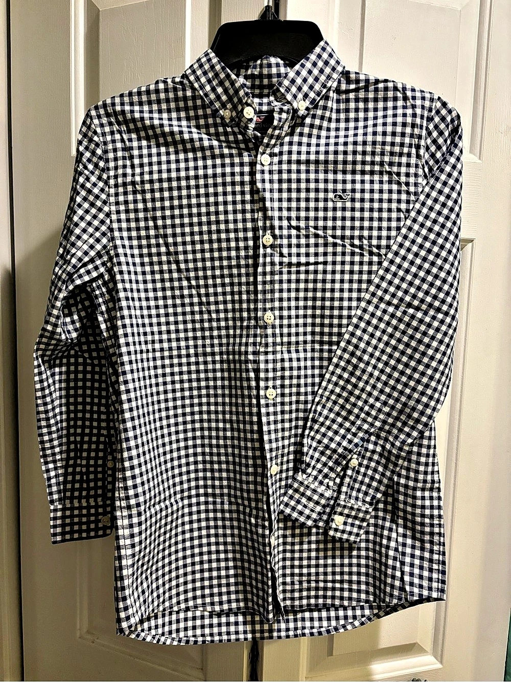 Vineyard Vines Gingham Whale Shirt Button Down Blue & White Boys 12-14